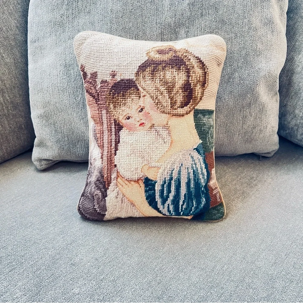 Vtg Wool Needlepoint Petit Point Pillow Mother Child Velvet Lillian Vernon.
